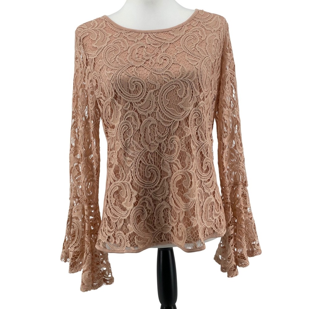 Adrianna Papell Lace Bell Sleeve Top Women's Medium Blush Pink Fairy Boho
